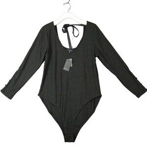 ELOQUII Womens Bodysuit SZ 18/20 Ribbed Black Button Long Sleeves Tie Ribbon NEW